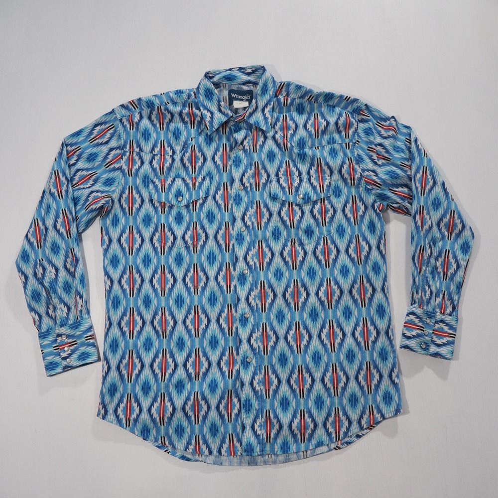 Wrangler Western Shirt Mens Large Blue Aztec Tribal Pearl Snap Long Sleeve Rodeo